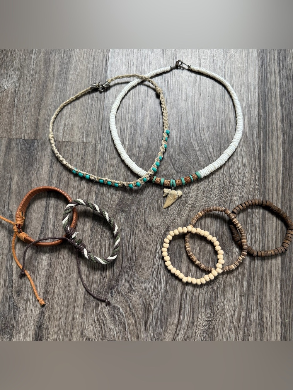 Y2K Beach / Surf / Hollister style jewelry lot shell necklace shark tooth hemp